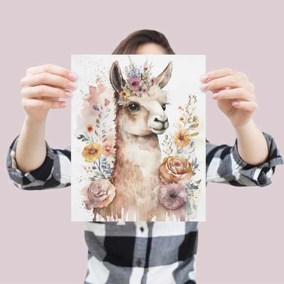 Watercolor Cute Floral Llama Wall Art Illustration Print Poster Card Unframed - Picture 4 of 6